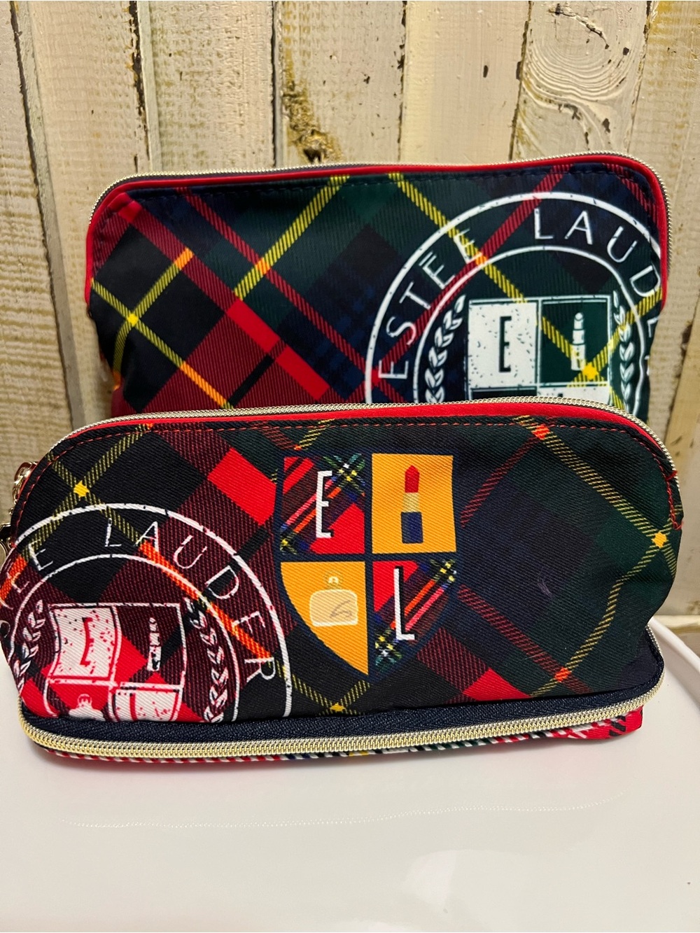 Estee Lauder Plaid Cosmetic Pouch Set - Red, Green, Yellow, Black